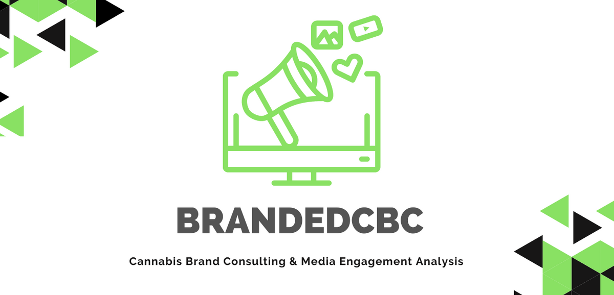 brandedcbc's logo with a green computer with a megaphone and a heart, play button, and photo icon are coming out. Indicating media and marketing. Reads cannabis brand consulting and media engagement analysis